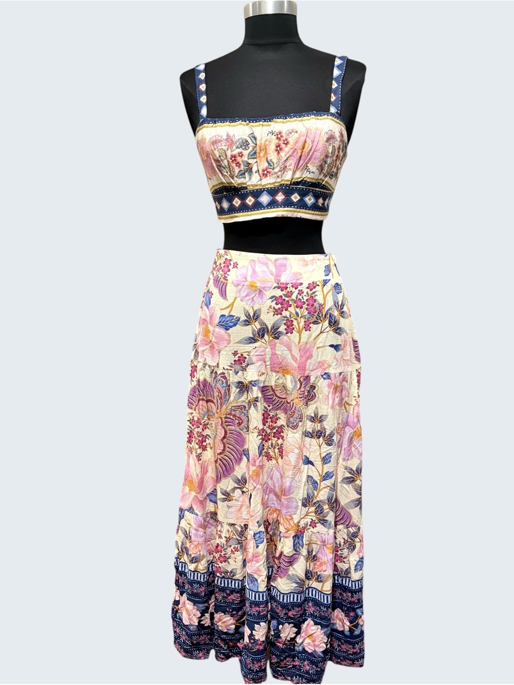 FARM Rio Pink Floral Maxi Skirt with Navy Border